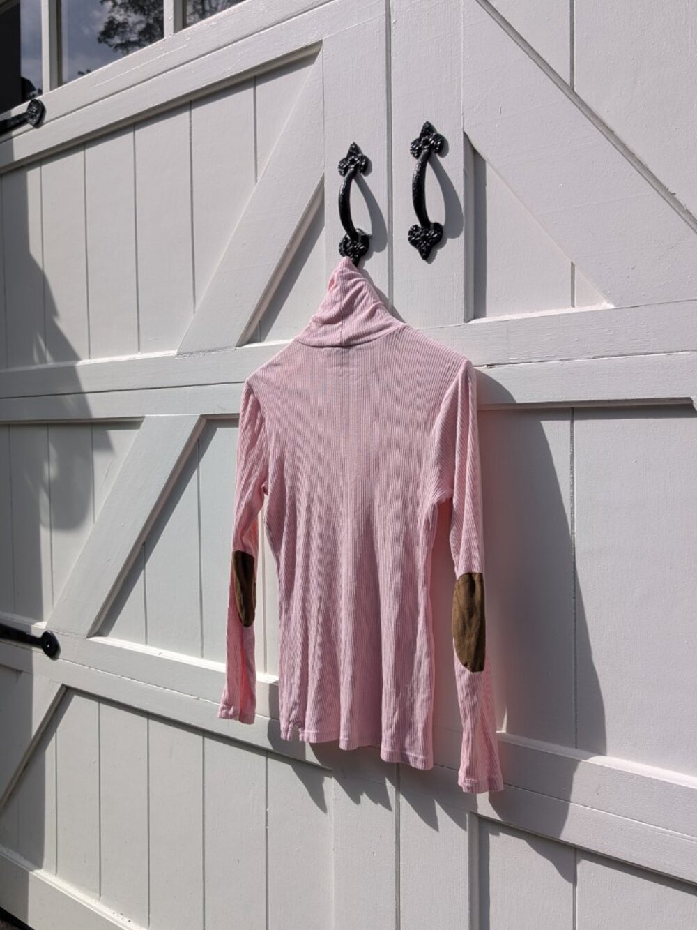 Lauren Ralph Lauren Light Pink Ribbed Cotton Turtleneck Brown Elbow Patch S